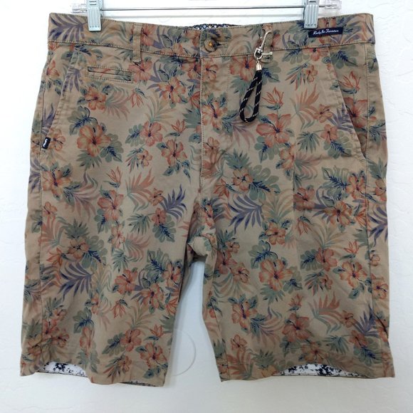 Cactus Man Other - CACTUS MAN Ricky Singh Shorts Men's 34 Tan Tropical Vibe Floral Zip Button